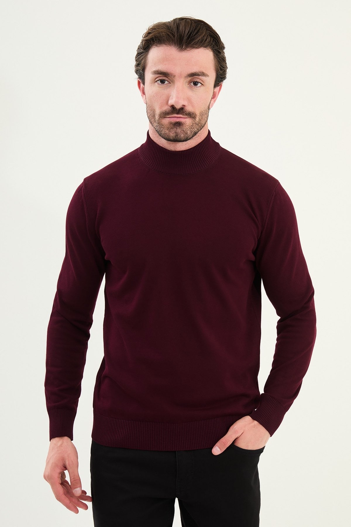 Men's Burgundy Knit Half-Turtleneck Pullover – Slim Fit