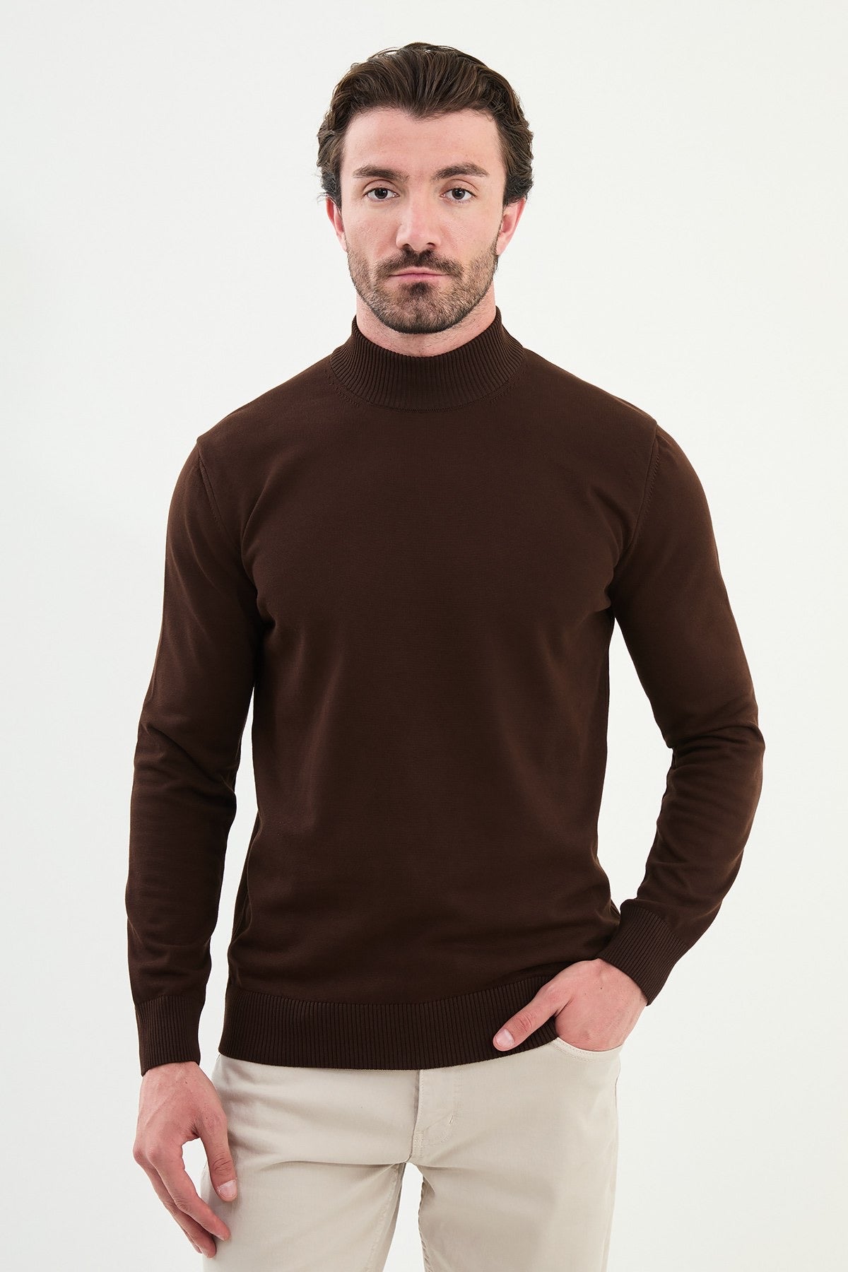 Men’s Brown Knit Half-Turtleneck Pullover – Slim Fit