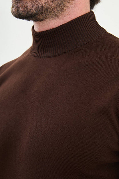 Men’s Brown Knit Half-Turtleneck Pullover – Slim Fit