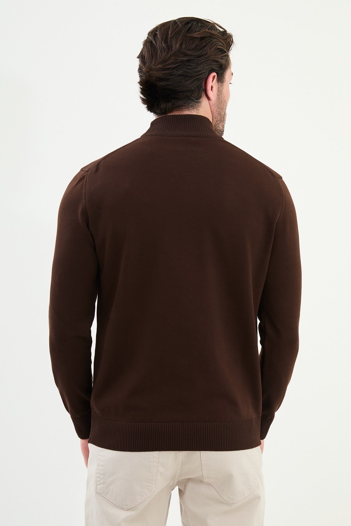 Men’s Brown Knit Half-Turtleneck Pullover – Slim Fit