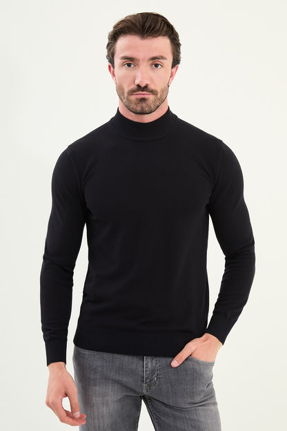 Men’s Navy Blue Knit Half-Turtleneck Pullover – Slim Fit