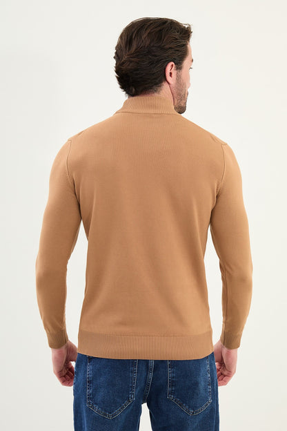Men’s Camel Knit Half-Turtleneck Pullover – Slim Fit