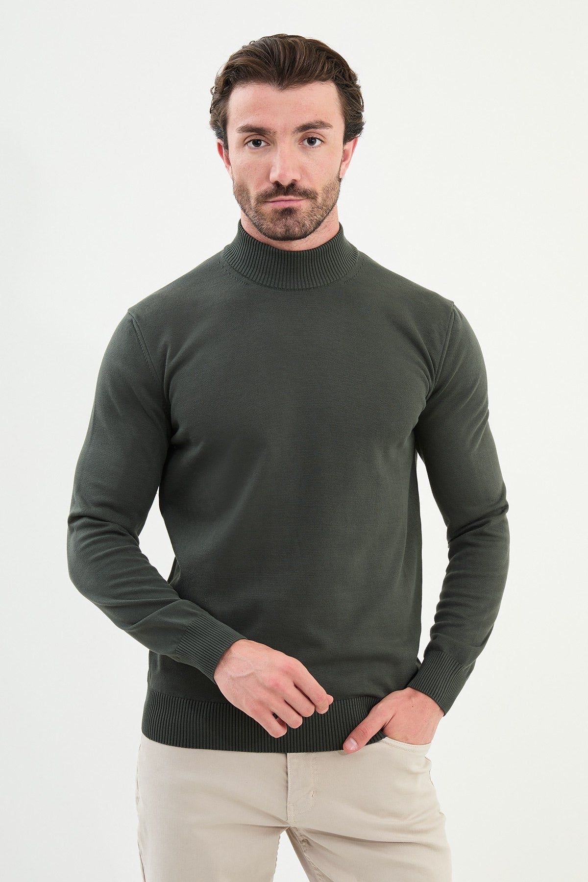Men’s Khaki Green Knit Half-Turtleneck Pullover – Slim Fit
