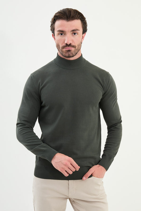 Men’s Khaki Green Knit Half-Turtleneck Pullover – Slim Fit