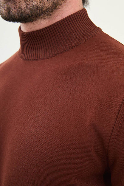 Men’s Tile Brown Knit Half-Turtleneck Pullover – Slim Fit