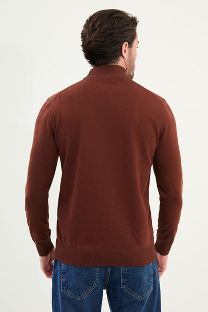 Men’s Tile Brown Knit Half-Turtleneck Pullover – Slim Fit