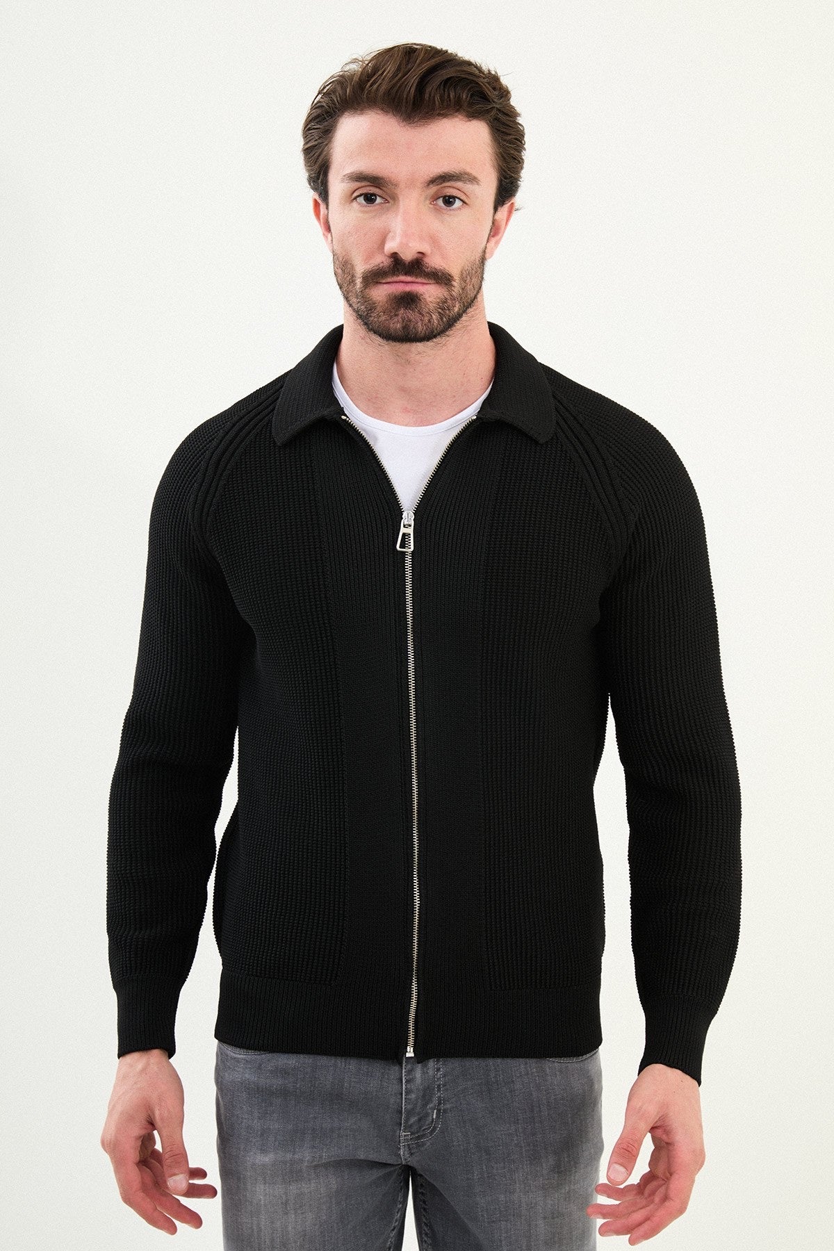 Men’s Black Ribbed Zip Cardigan