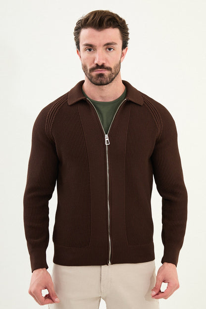Men’s Brown Ribbed Zip Cardigan