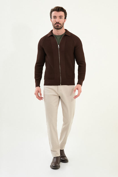 Men’s Brown Ribbed Zip Cardigan