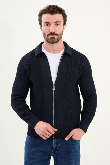 Men’s Navy Blue Ribbed Zip Cardigan