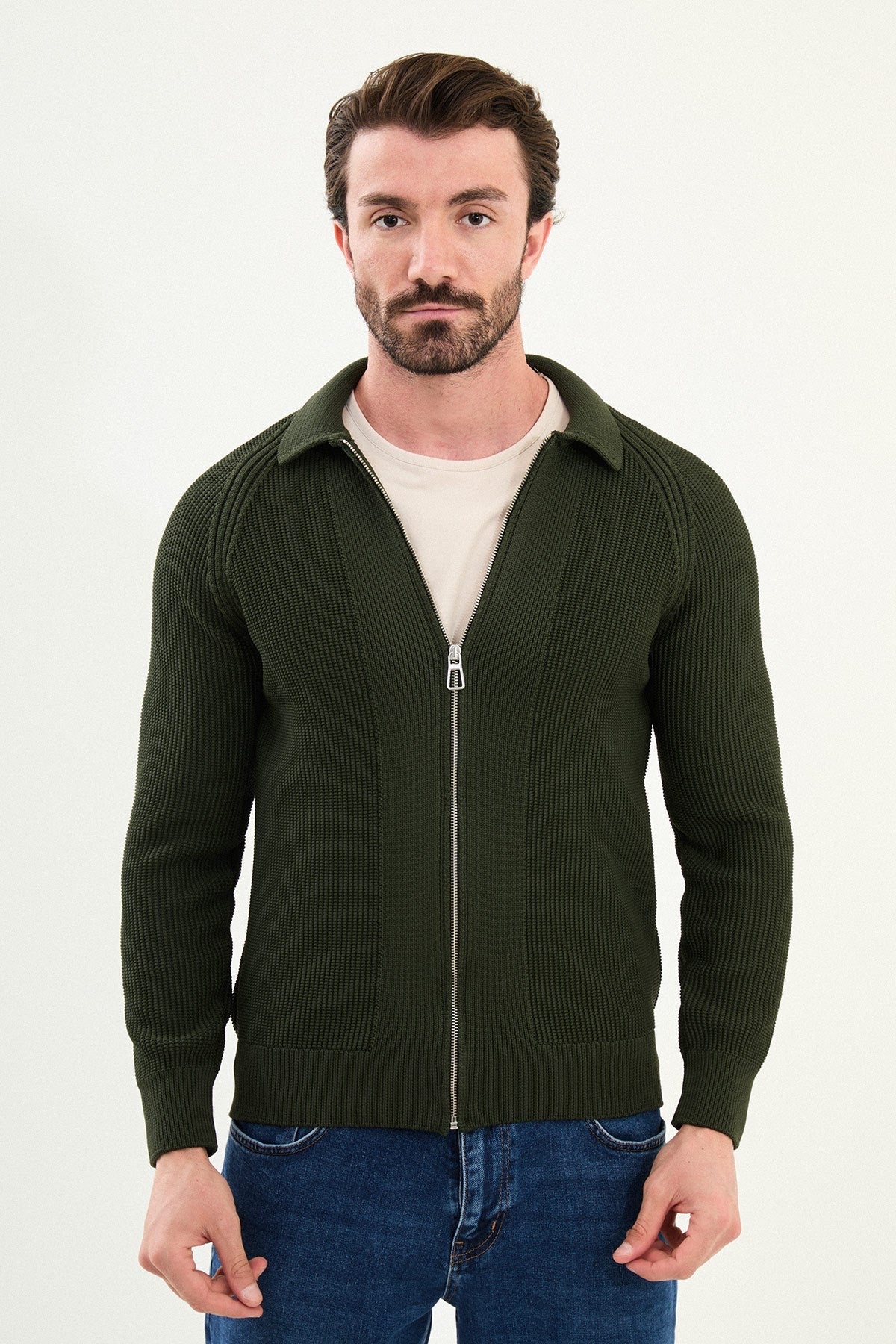 Men’s Green Ribbed Zip Cardigan