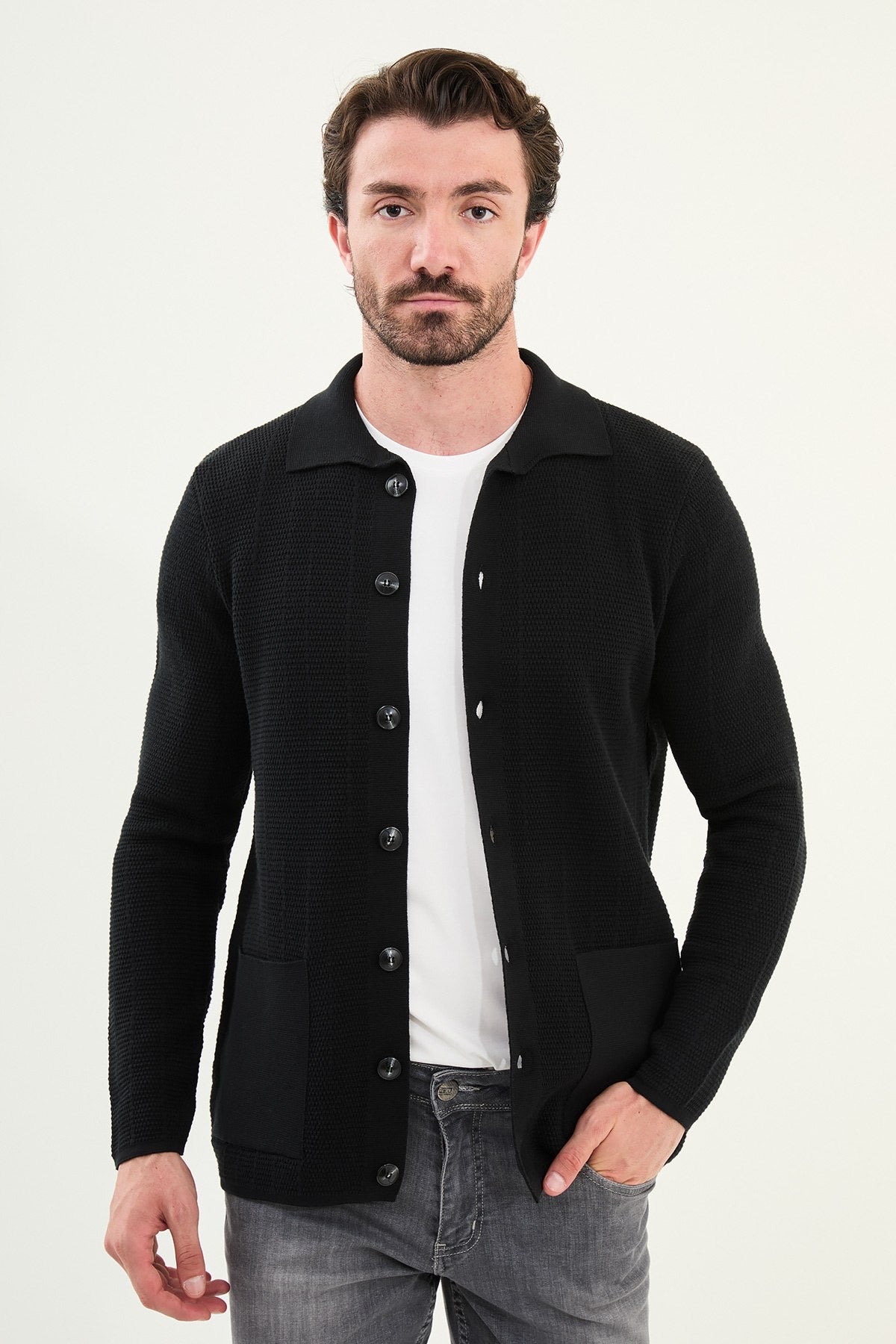 Men's Slim-Fit Button-Up Knit Cardigan – Black