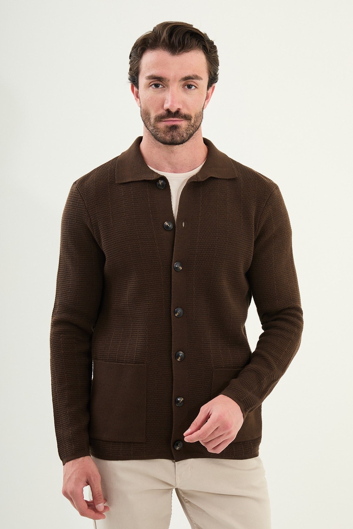 Men's Slim-Fit Button-Up Knit Cardigan – Brown