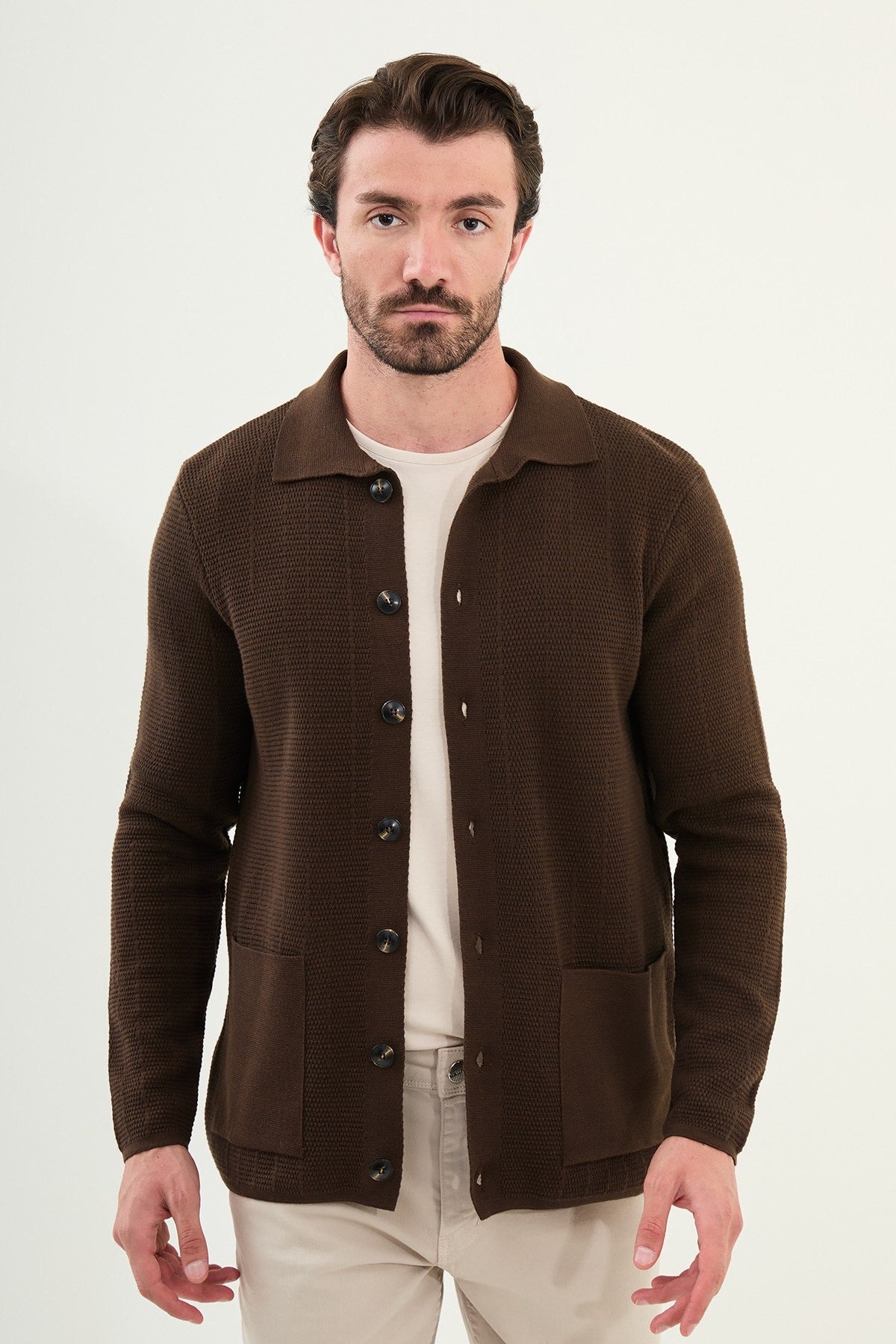Men's Slim-Fit Button-Up Knit Cardigan – Brown