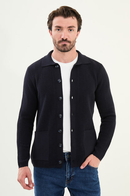 Men's Slim-Fit Button-Up Knit Cardigan – Navy Blue