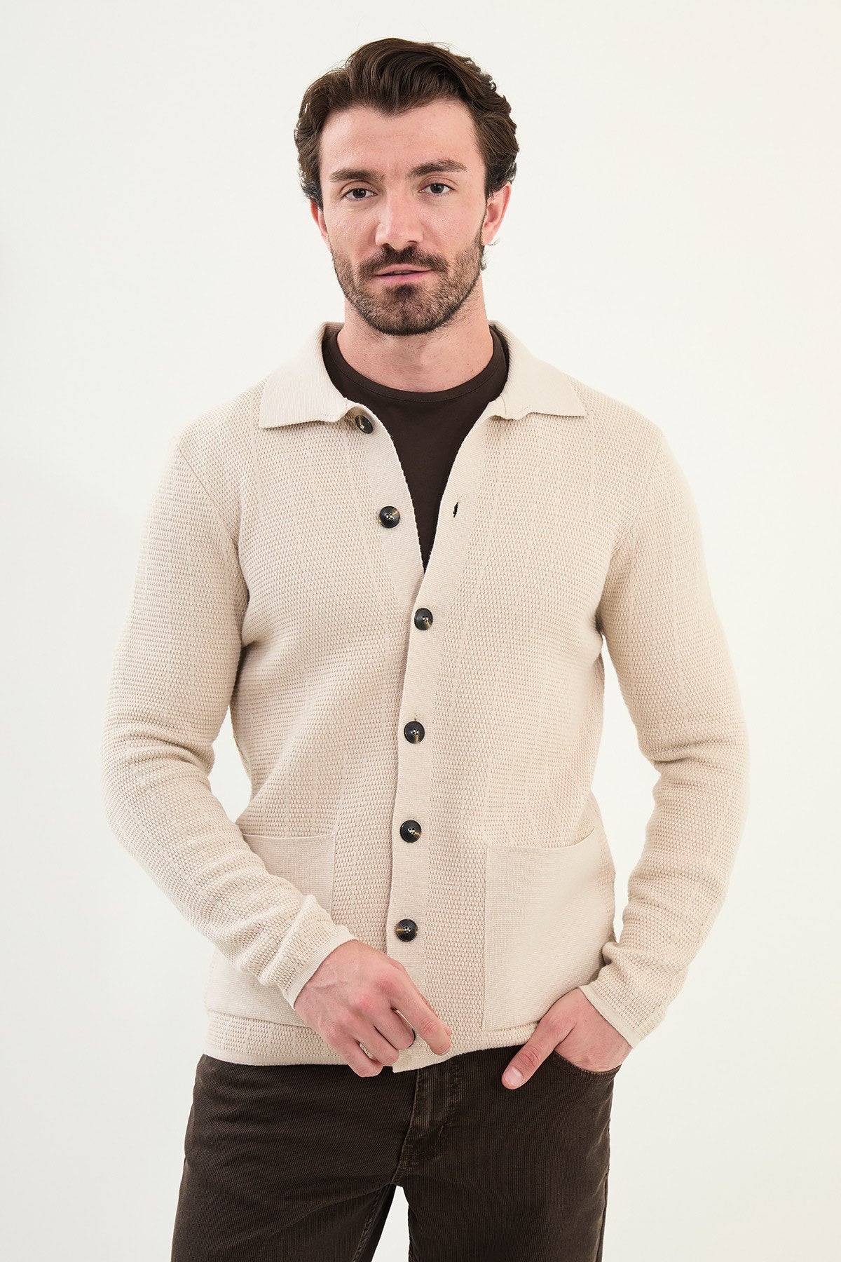 Men's Slim-Fit Button-Up Knit Cardigan – Beige