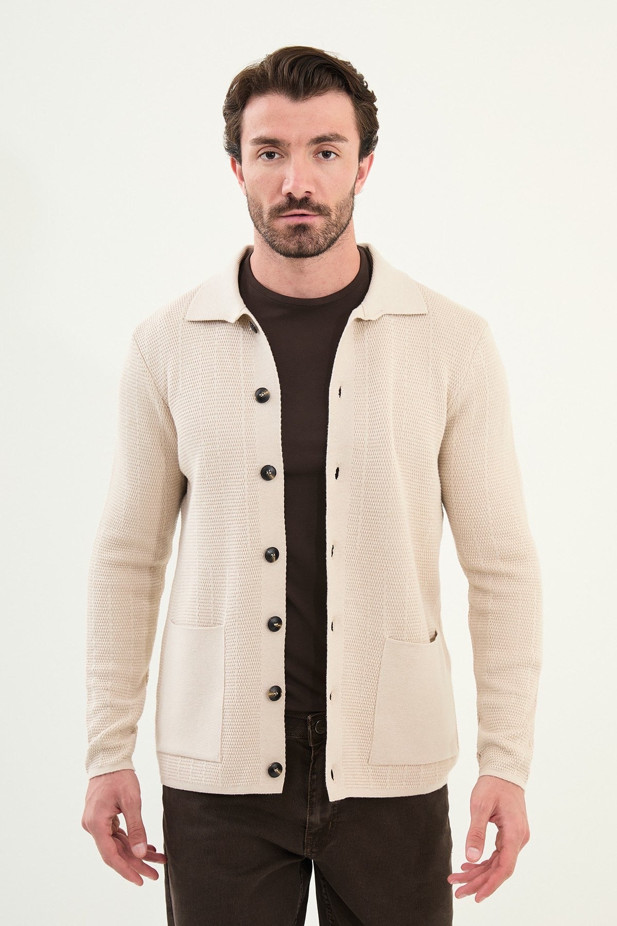 Men's Slim-Fit Button-Up Knit Cardigan – Beige