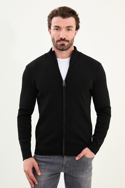 Men's Slim-Fit Zip-Up Knit Cardigan – Black