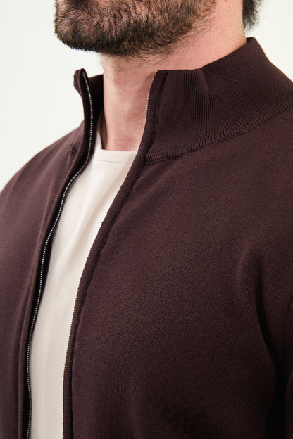 Men's Slim-Fit Zip-Up Knit Cardigan – Brown