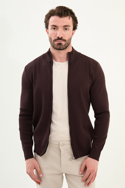 Men's Slim-Fit Zip-Up Knit Cardigan – Brown