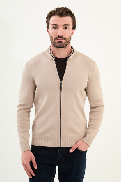 Men's Slim-Fit Zip-Up Knit Cardigan – Beige