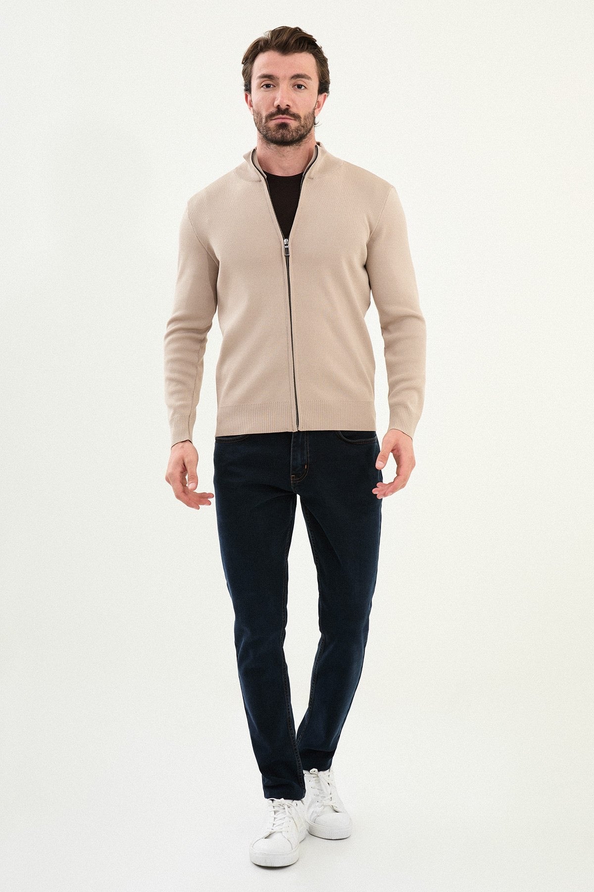 Men's Slim-Fit Zip-Up Knit Cardigan – Beige