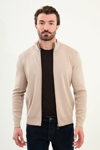 Men's Slim-Fit Zip-Up Knit Cardigan – Beige