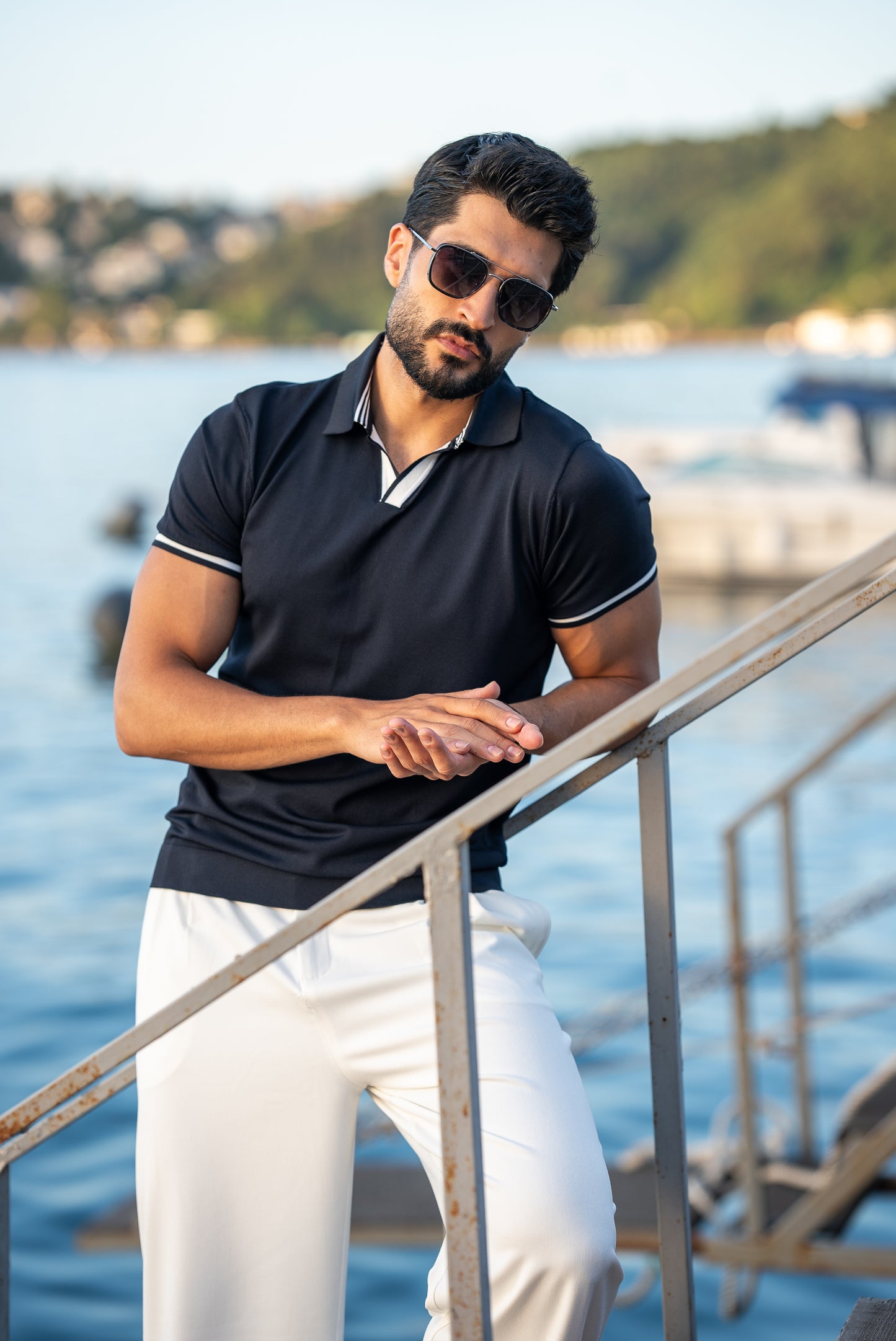 Santorini Navy Blue Polo Collar Men's T-Shirt