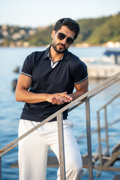 Santorini Navy Blue Polo Collar Men's T-Shirt