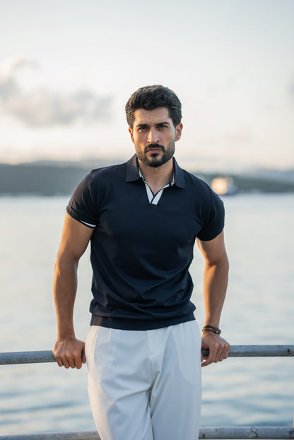 Santorini Navy Blue Polo Collar Men's T-Shirt