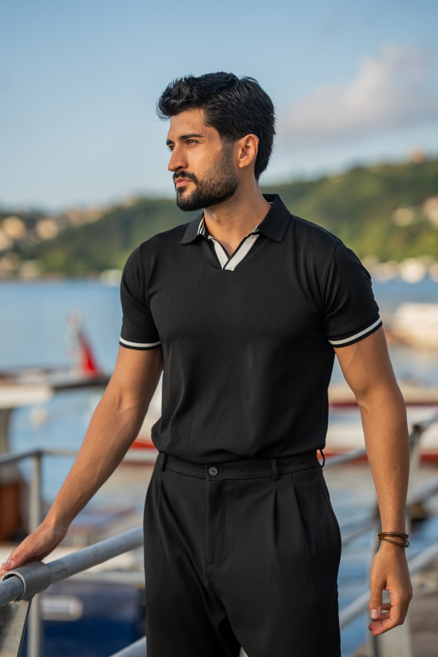 Positano Black Polo Collar Men's T-Shirt
