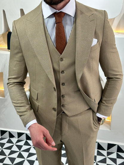 Beige Striped Slim-Fit Suit 3-Piece VIOSSI