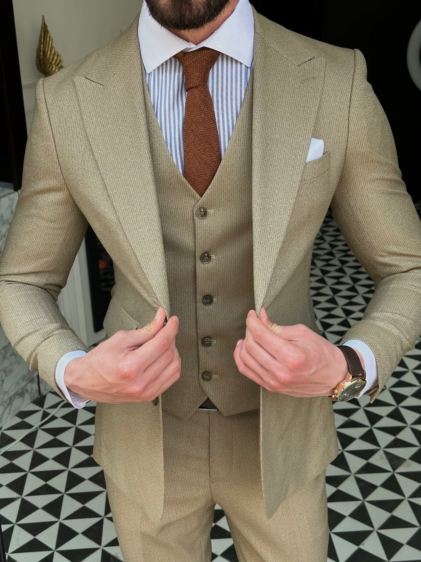 Beige Striped Slim-Fit Suit 3-Piece VIOSSI