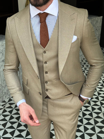 Beige Striped Slim-Fit Suit 3-Piece VIOSSI