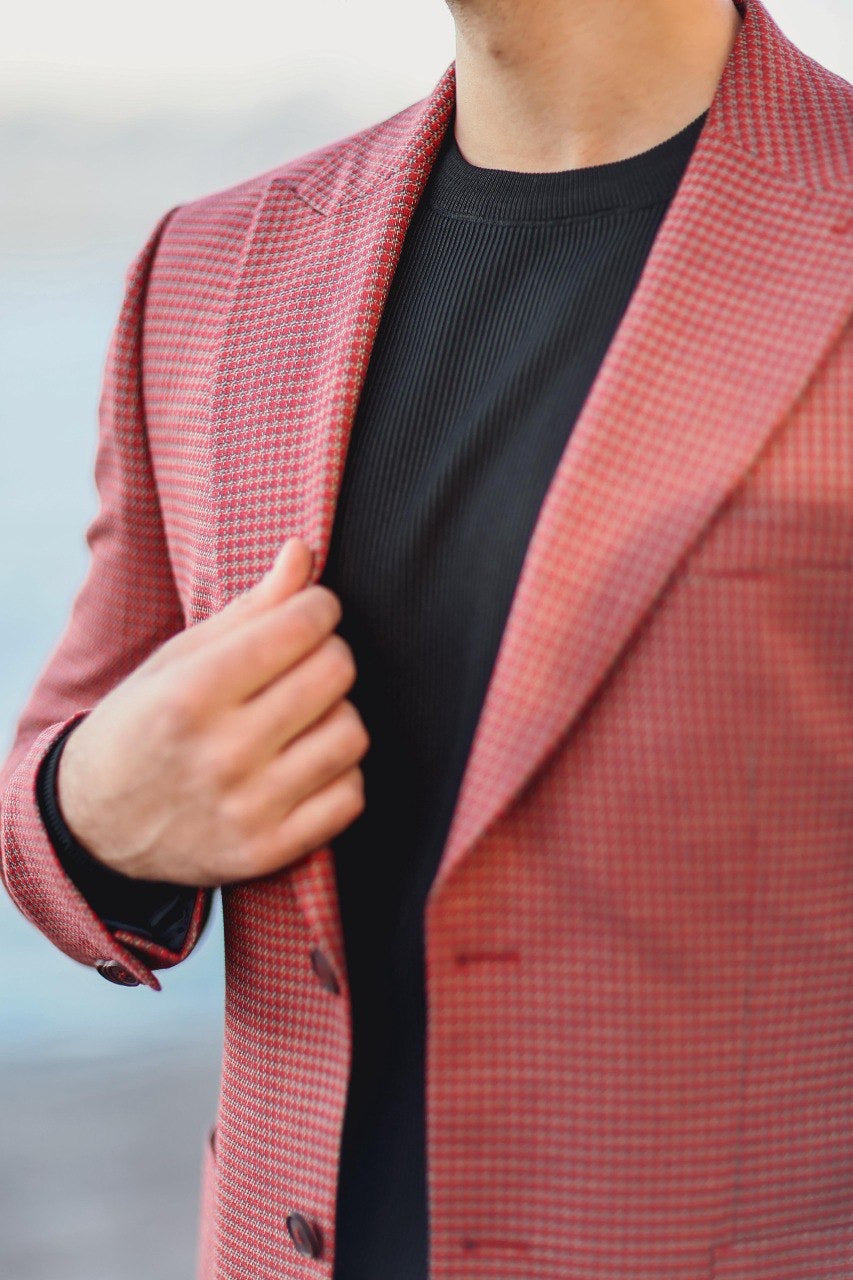 Men’s Burgundy Patterned Slim-Fit Jacket