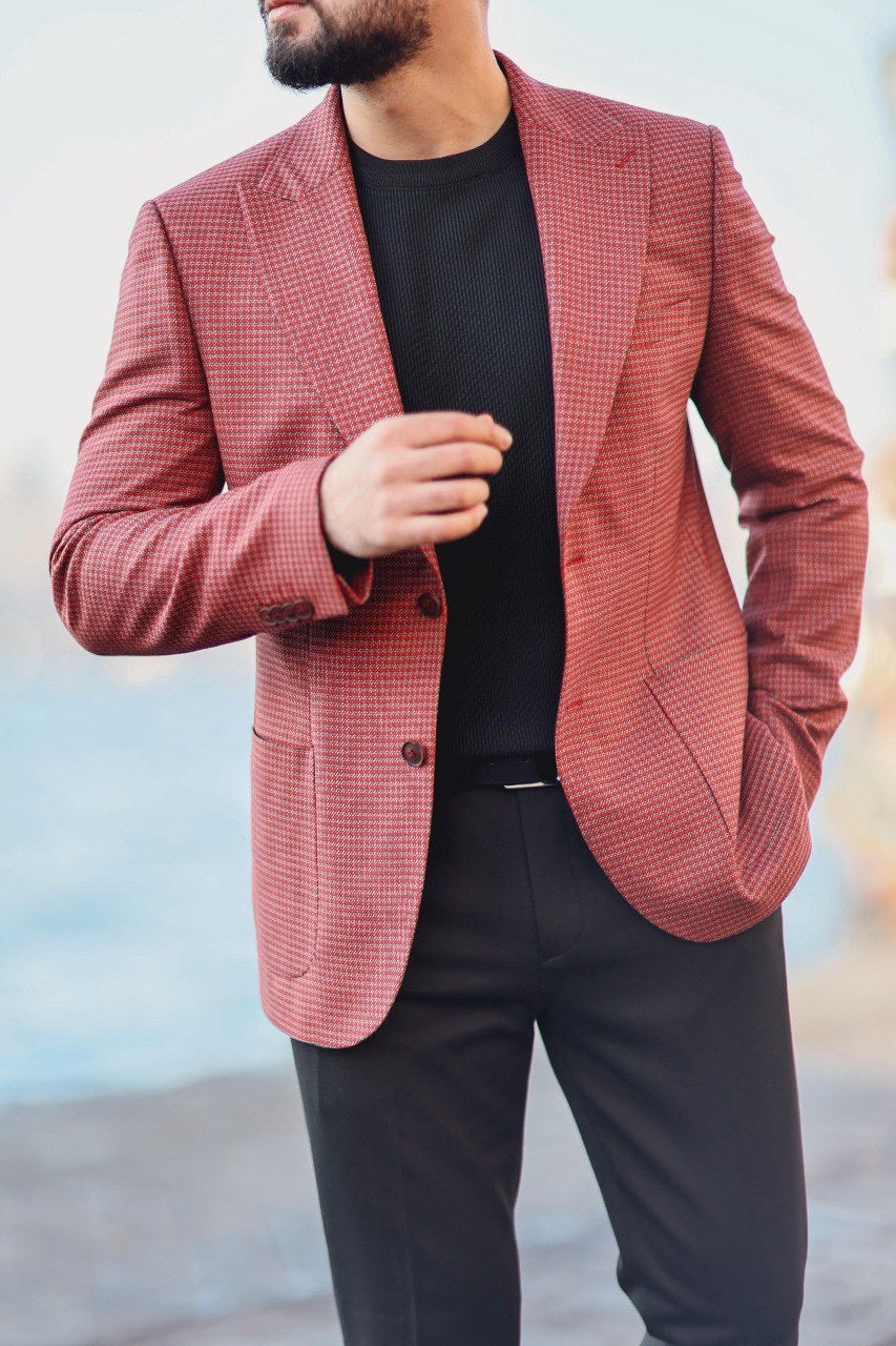 Men’s Burgundy Patterned Slim-Fit Jacket
