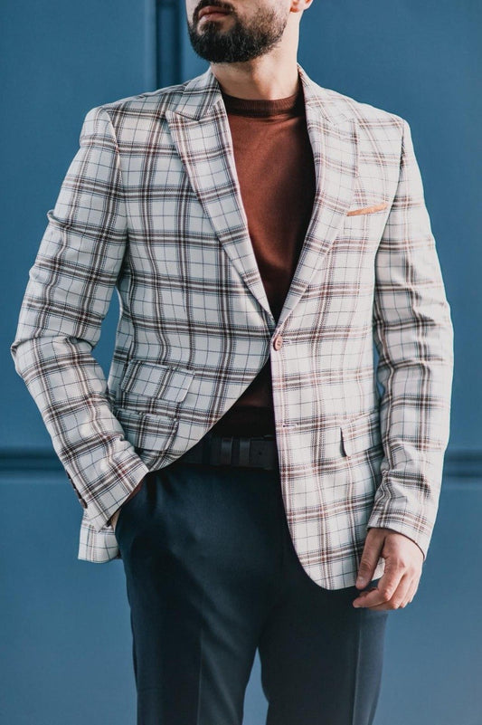 Men’s White Plaid Slim-Fit Jacket