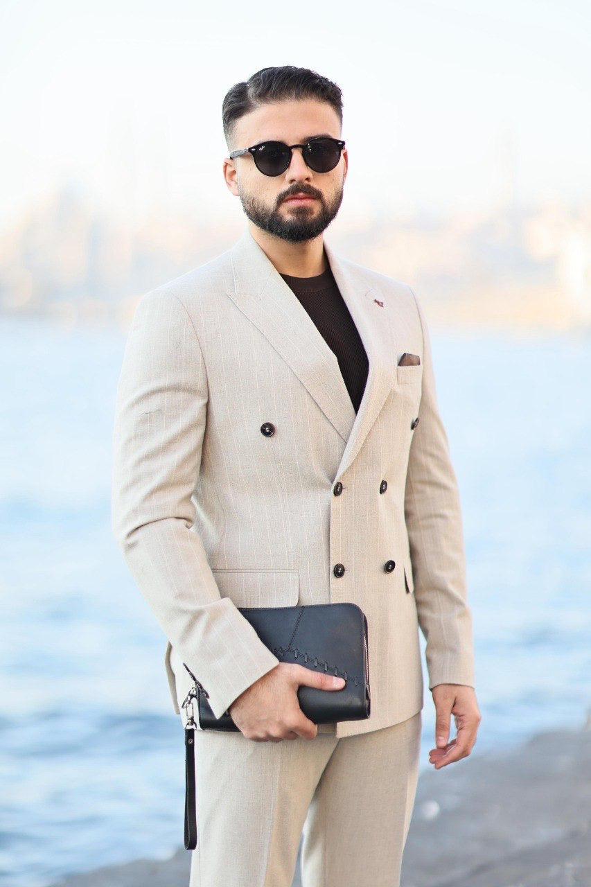 Men’s Beige Pinstripe Double-Breasted Suit