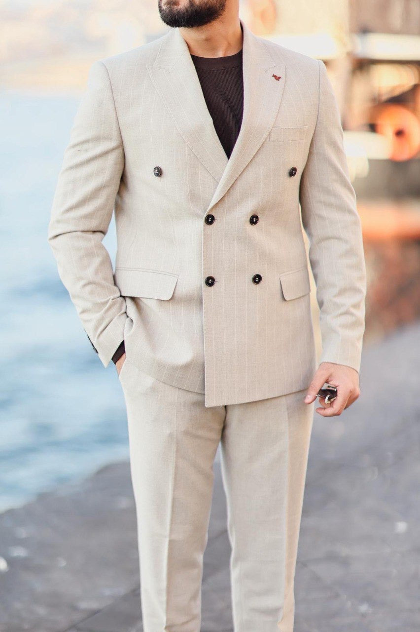 Men’s Beige Pinstripe Double-Breasted Suit