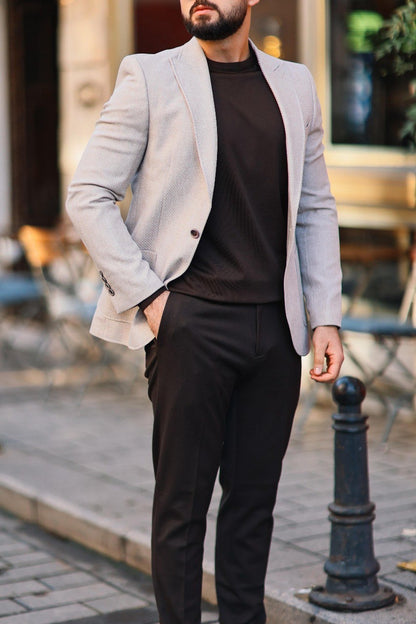 Men’s Beige Textured Slim-Fit Jacket