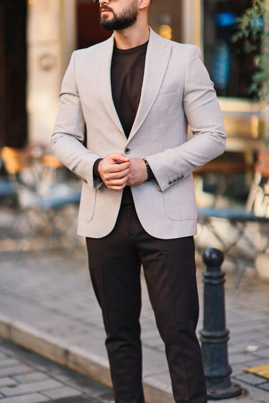 Men’s Beige Textured Slim-Fit Jacket