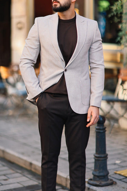 Men’s Beige Textured Slim-Fit Jacket