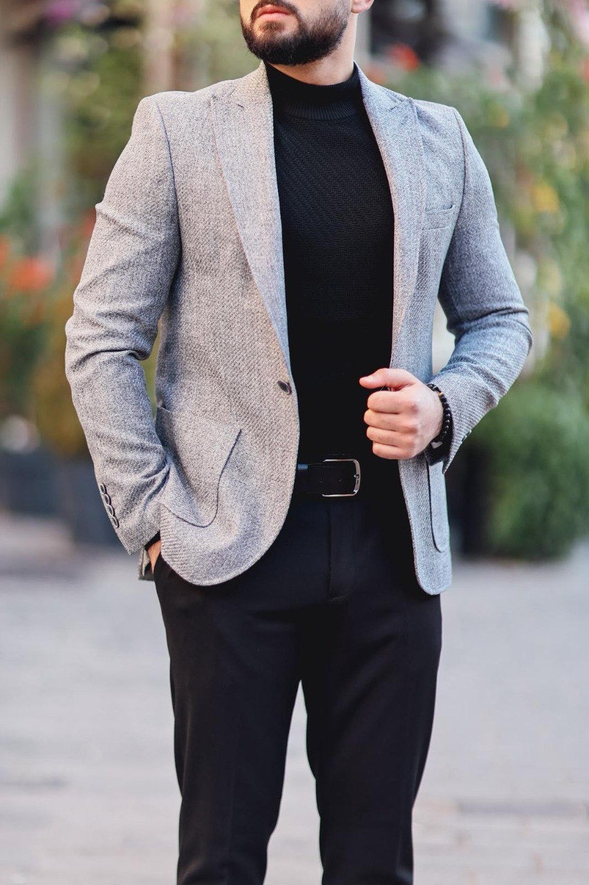 Men’s Gray Textured Slim-Fit Jacket