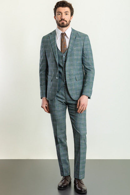 Brabion Elio Green Slim Fit Notch Lapel 3 Piece Plaid Suit