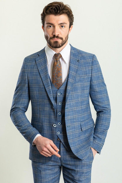 Brabion Elio Blue Slim Fit Notch Lapel 3 Piece Plaid Suit