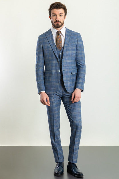 Brabion Elio Blue Slim Fit Notch Lapel 3 Piece Plaid Suit