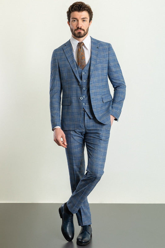 Brabion Elio Blue Slim Fit Notch Lapel 3 Piece Plaid Suit