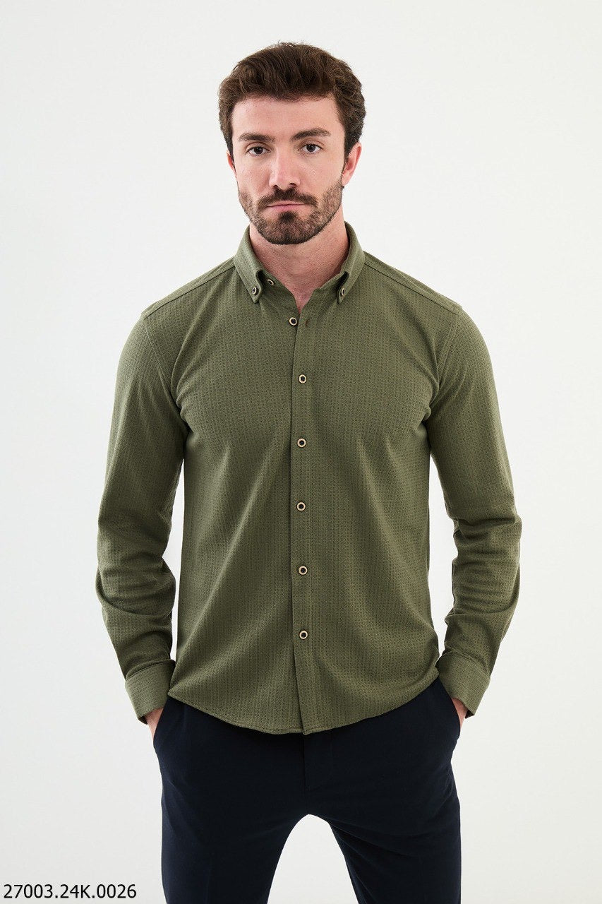 Brabion Nico Khaki Slim Fit Cross Pattern Casual Shirt