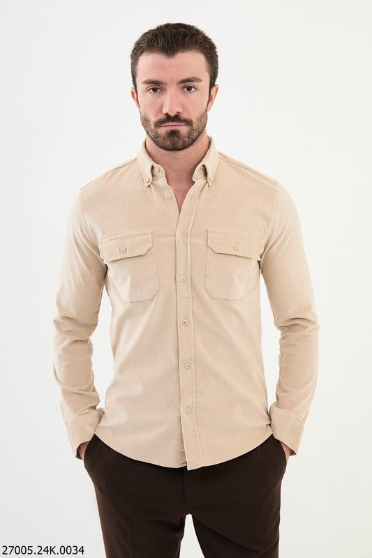 Brabion Nico Beige Slim Fit Double Pocket Corduroy Shirt
