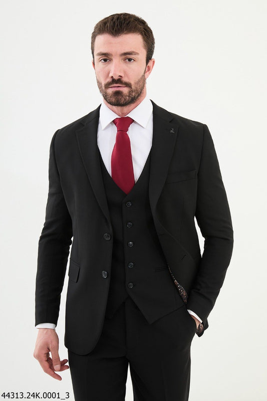 Brabion Diego Black Notch Lapel 3 Piece Wool Suit